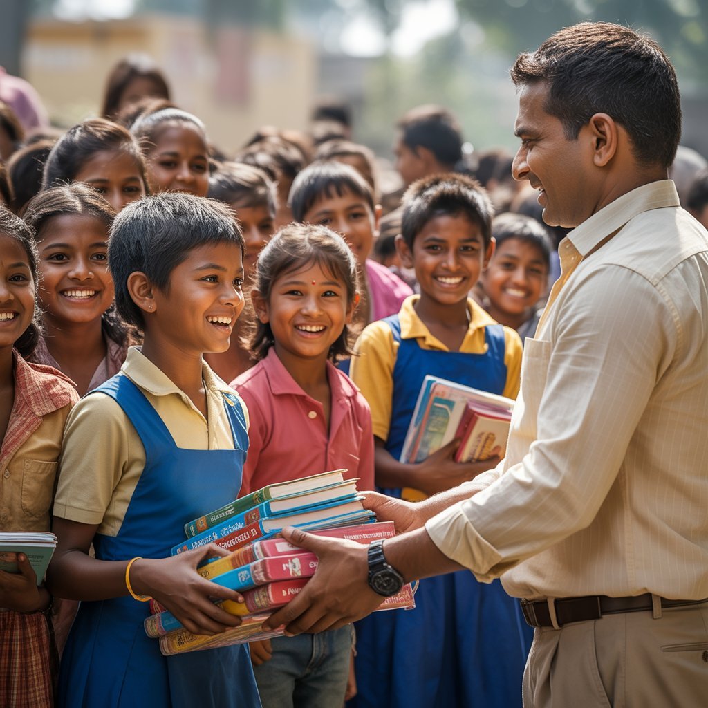 Children receiving free books from SPARSH NGO volunteers during a distribution drive.